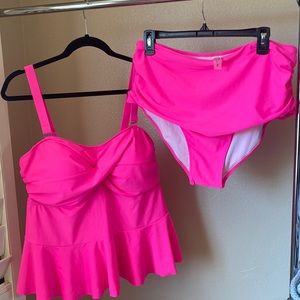 Neon pink swimsuit set with adjustable straps